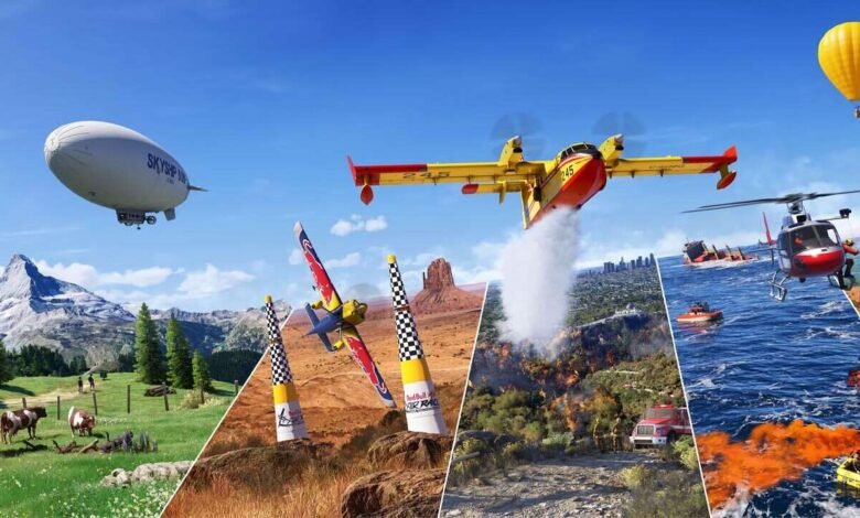 Collage of diverse aerial vehicles and scenarios: blimp, stunt planes, water bomber, helicopter, and hot air balloon.