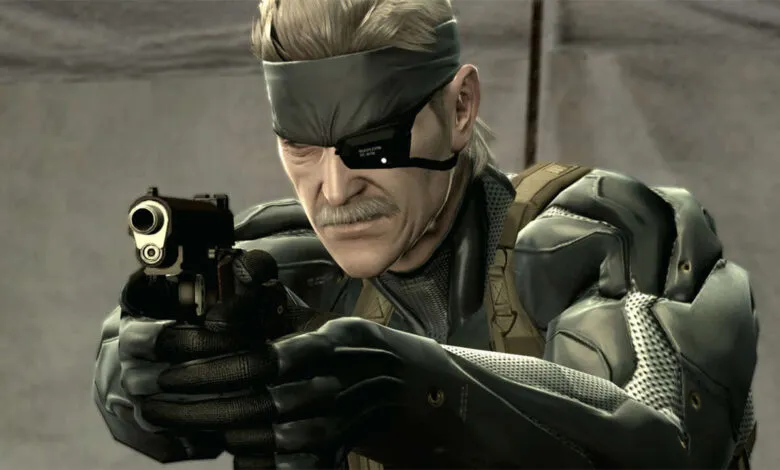 Close-up of Solid Snake aiming a pistol, wearing tactical gear and an eyepatch.