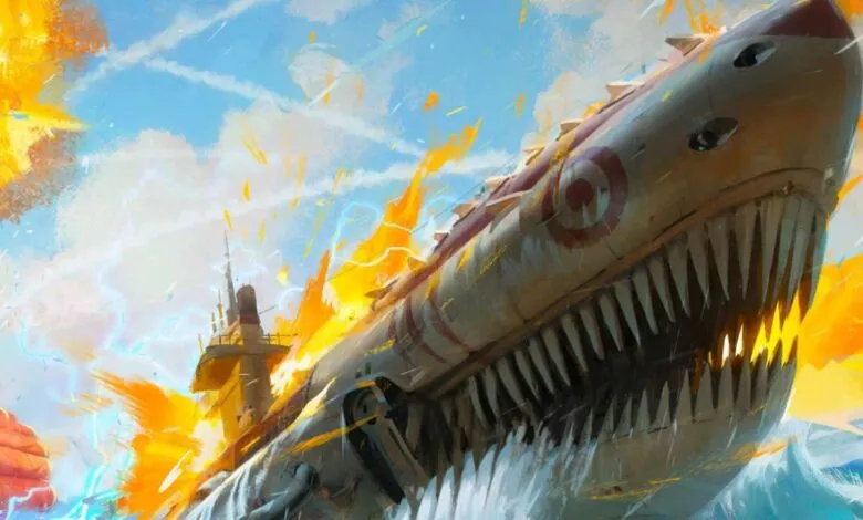 A colossal shark-shaped warship with sharp teeth and fiery explosions.