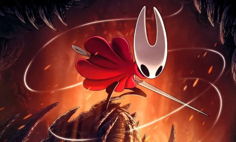 Hornet from Hollow Knight with a needle and thread, poised for action.
