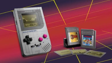LEGO Nintendo Game Boy with game cartridges for The Legend of Zelda and Super Mario Land.