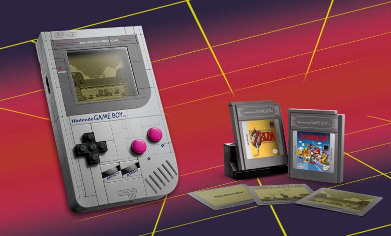 LEGO Nintendo Game Boy with game cartridges for The Legend of Zelda and Super Mario Land.