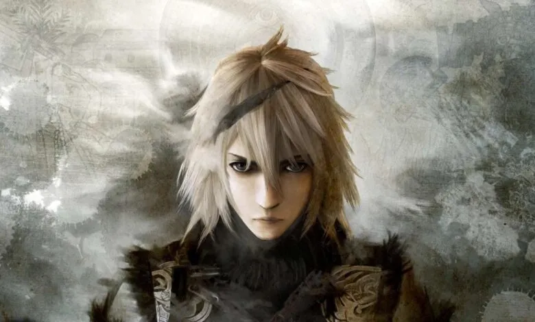 Close-up portrait of a young man with spiky blonde hair and intense eyes, set against a textured, sepia-toned background.