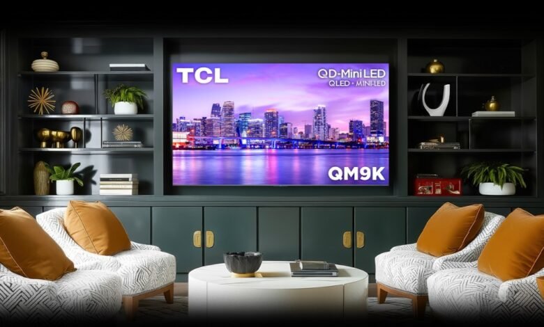 TCL QM9K QLED Mini-LED TV showcasing a Miami cityscape in a modern living room.