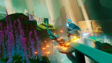 A stylized video game character glides on a giant sword above a vibrant underwater city, surrounded by glowing particles and unique flora.