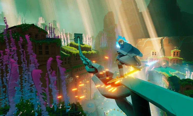 A stylized video game character glides on a giant sword above a vibrant underwater city, surrounded by glowing particles and unique flora.