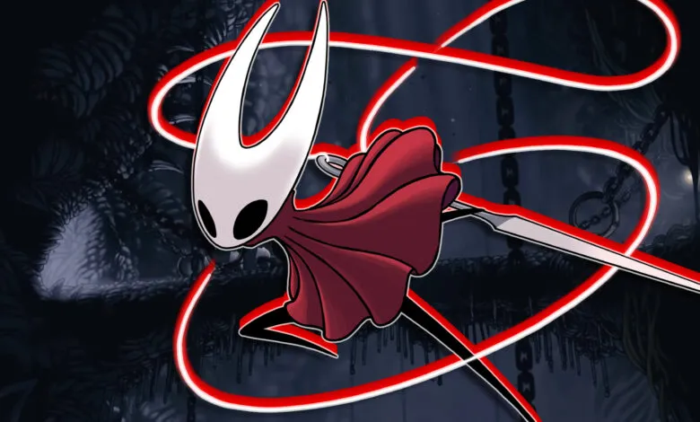The Knight from Hollow Knight, in red attire, wielding a sword, surrounded by red glowing lines against a dark background.