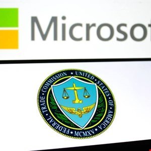 Microsoft logo above the Federal Trade Commission seal, suggesting an antitrust investigation.