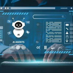 Hands typing on a keyboard with a futuristic AI agents dashboard displayed on a screen.