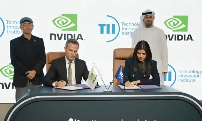 NVIDIA and Technology Innovation Institute executives sign partnership agreement.