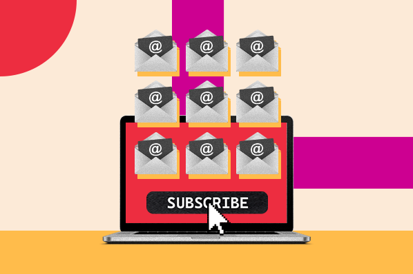 Laptop screen showing a 'Subscribe' button with email icons, illustrating email list building.