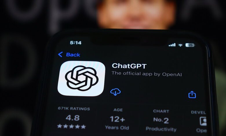 Close-up of an iPhone displaying the ChatGPT app details, including its rating, age rating, and chart position.
