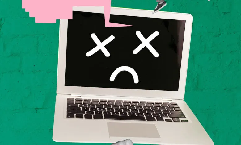 Laptop screen displays a sad face with X's for eyes, suggesting a system crash or error. Surreal collage art.