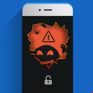 Smartphone screen with a hole revealing Halloween-themed icons and a warning sign, symbolizing phone security threats.