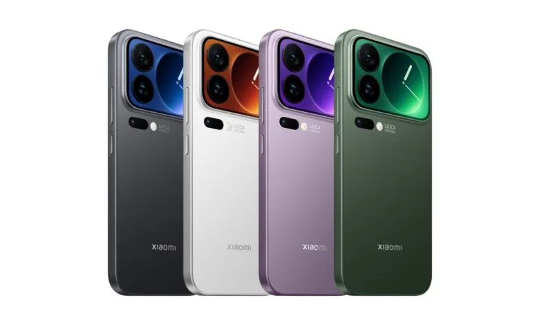 Four Xiaomi smartphones in different colors: dark gray, white, purple, and green, showcasing their camera modules.
