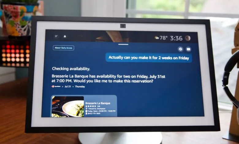 Smart display showing a restaurant reservation confirmation from Alexa.