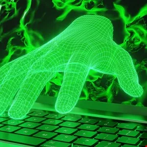 Green wireframe hand reaching for laptop keyboard, fiery green background.