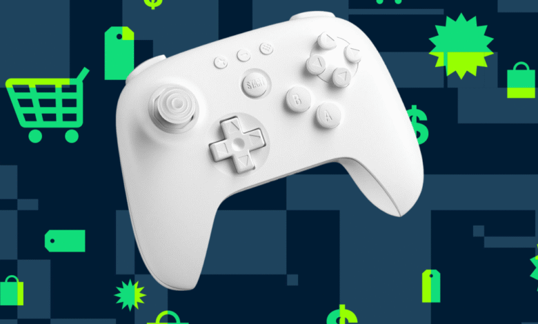 White wireless game controller against a dark background with shopping icons.