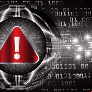 Red warning triangle with exclamation mark on a dark tech background of binary code and circuit board.