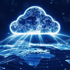 Glowing cloud icon over a network-connected world map, symbolizing global cloud computing.