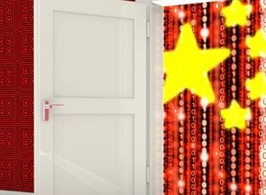 Open white door revealing a digital representation of the Chinese flag with binary code.