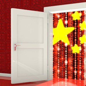 Open white door revealing a digital representation of the Chinese flag with binary code.