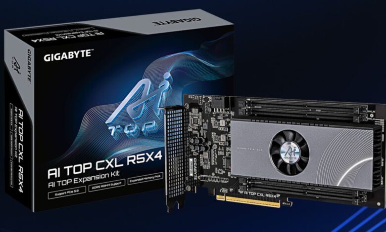 Gigabyte AI Top CXL RSX4 expansion kit for PCs, shown in box and installed. Features PCIe 5.0 support.