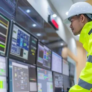 Engineer in hard hat and safety vest monitors complex data on multiple screens.