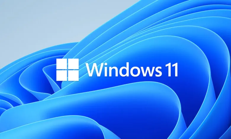 Windows 11 logo on a blue, abstract background.
