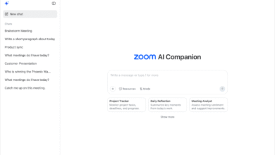 Zoom AI Companion interface showing project tracking, daily reflection, and meeting analysis features.