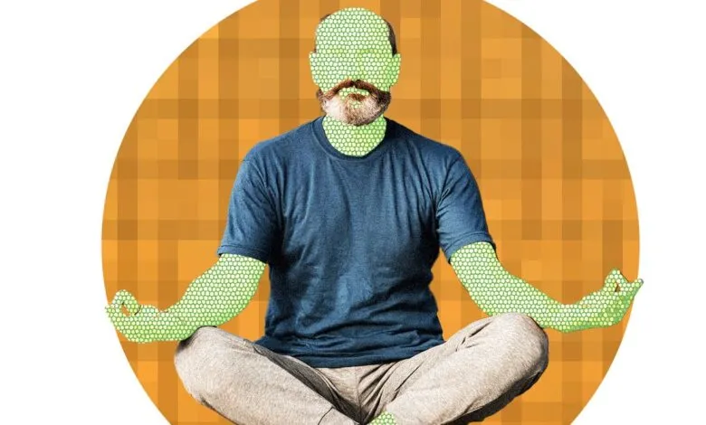 A man meditates in a cross-legged position against a pixelated orange background. His body is partially pixelated.