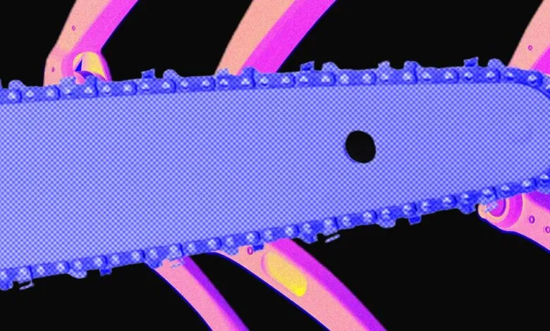 Close-up of a chainsaw blade, vibrant purple and pink, against a black background.