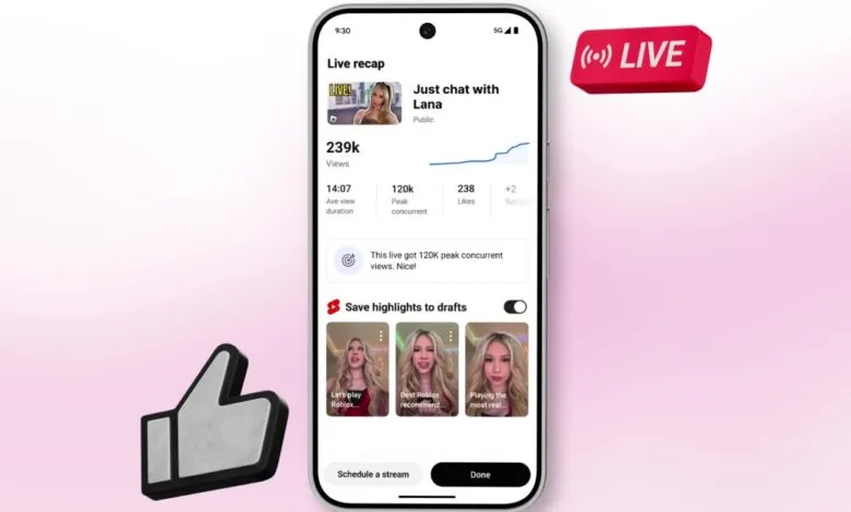 Smartphone screen showing a live stream recap with 239K views, 120K peak concurrent viewers, and options to save highlights.