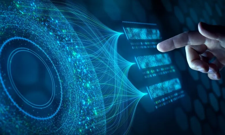 Hand interacts with a digital interface showing data streams and binary code, illustrating AI-driven marketing.