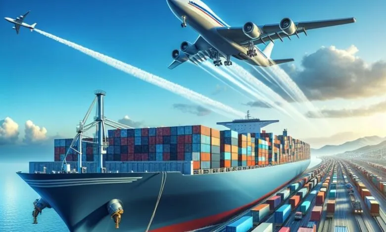 Cargo ship, airplane, and train transporting goods; global trade and logistics concept.