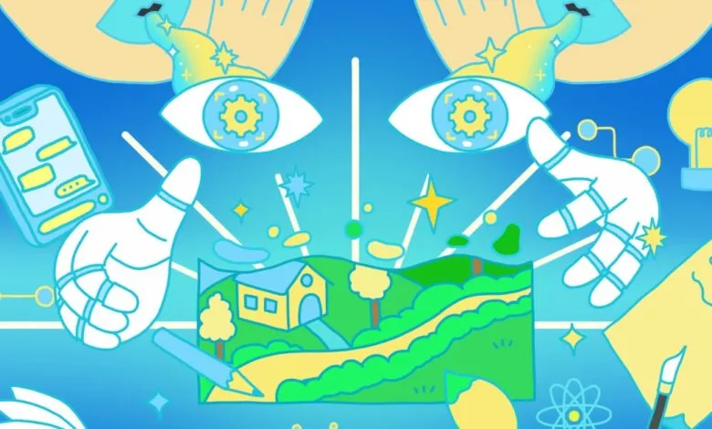 AI-generated art showing robotic hands creating a landscape with a house, smartphone, and art tools.