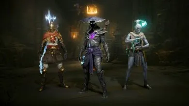 Three fantasy characters in dark, ancient setting. One wears gold, one dark armor, one light blue.