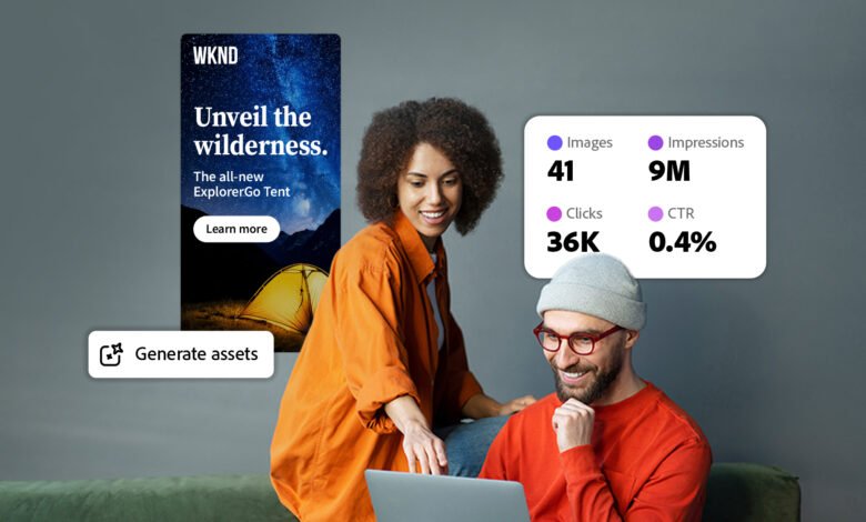 Two people reviewing ad campaign results on a laptop, showing 9M impressions and 36K clicks.