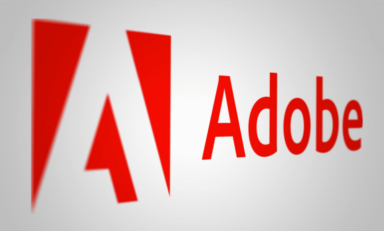 Adobe logo: red stylized A and the word Adobe in red on a white background.