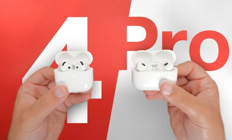 Hands holding open white charging cases with AirPods inside, against a red and white graphic.