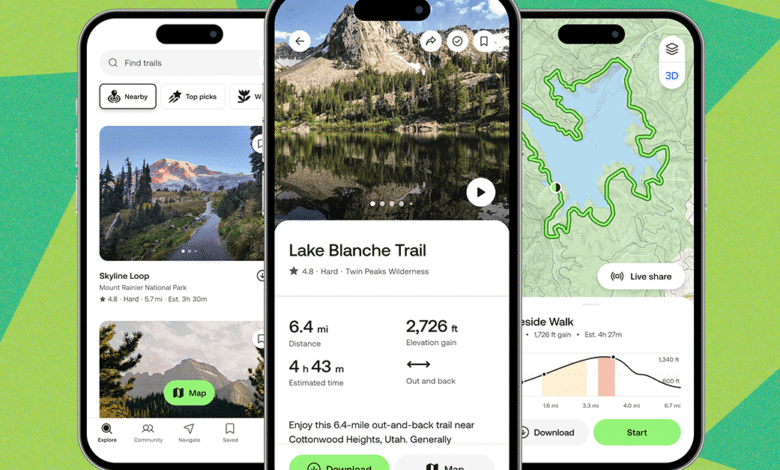 Three smartphone screens displaying the AllTrails app interface for planning outdoor adventures.