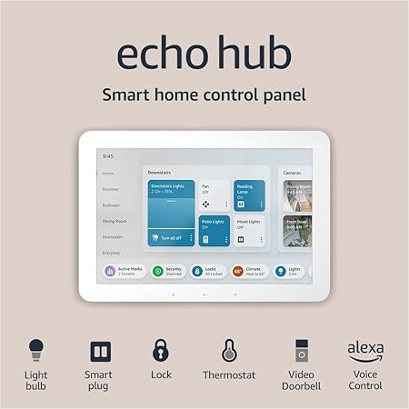 Amazon Echo Hub smart home control panel displays lights, locks, thermostat, and cameras.