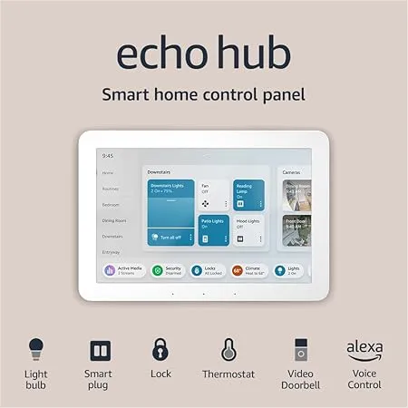 Amazon Echo Hub smart home control panel displays lights, locks, thermostat, and cameras.
