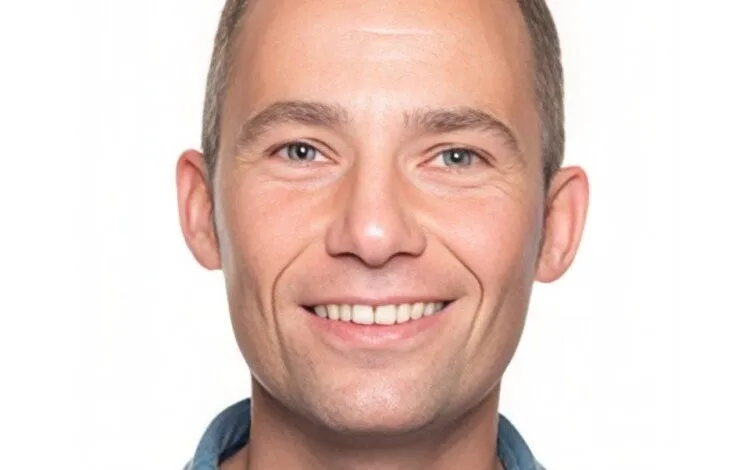 Smiling man with short brown hair wearing a blue shirt against a white background.