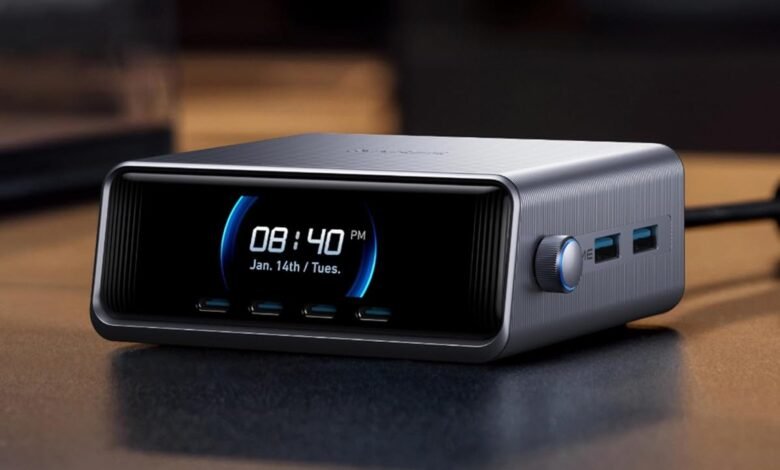 Anker PowerExpand+ 7-in-1 USB-C Hub with integrated clock display showing 08:40 PM on January 14th.