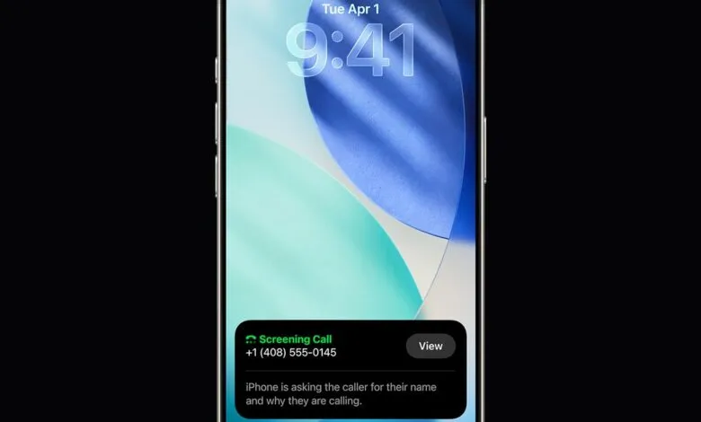 iPhone screen showing a call screening notification with caller ID and a message explaining the feature.