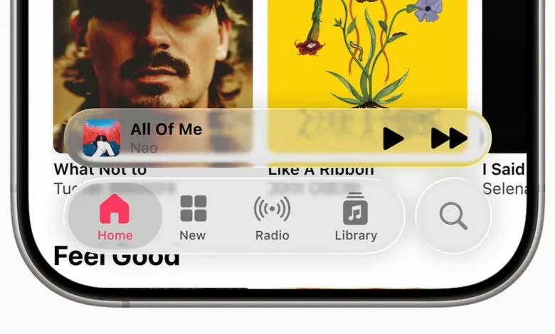 Apple Music app interface showing song playback controls, album art, and navigation icons.