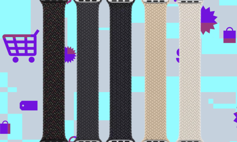 Five Apple Watch braided solo loop bands in black, dark gray, light gray, and beige shown against a teal and purple background with shopping icons.