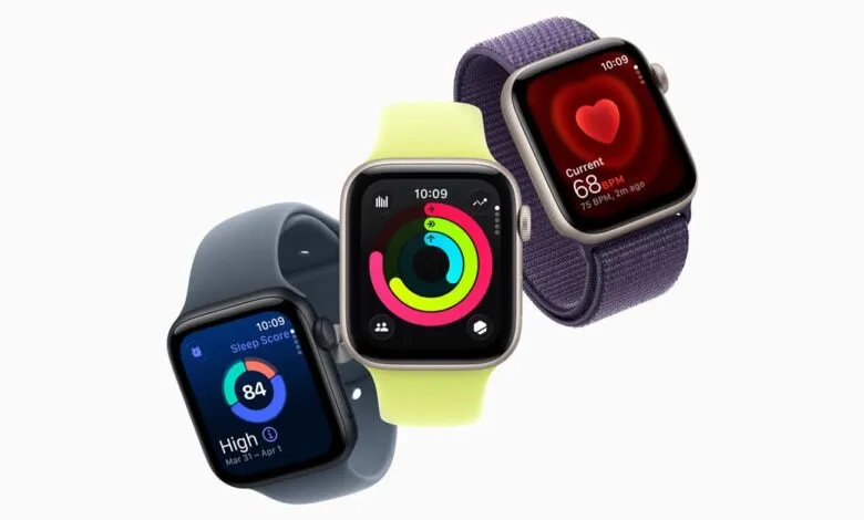 Three Apple Watch SE (3rd generation) models shown in different colors with various health and fitness data displayed on their screens.