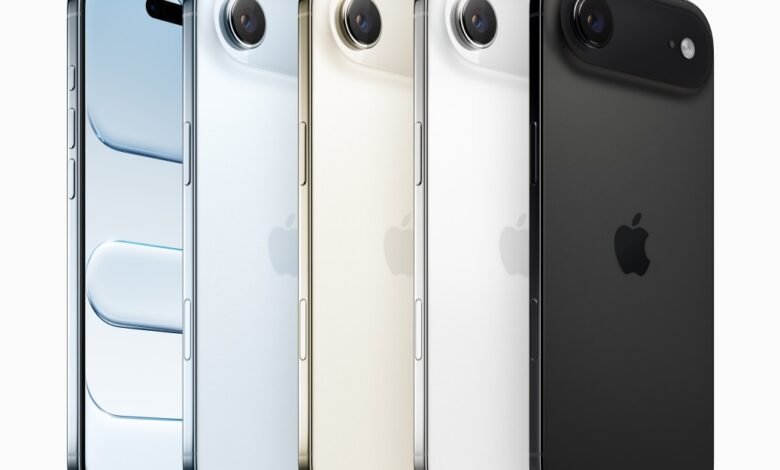 iPhone Air in blue, gold, silver, and black. Sleek design, showcasing the phone's color options.